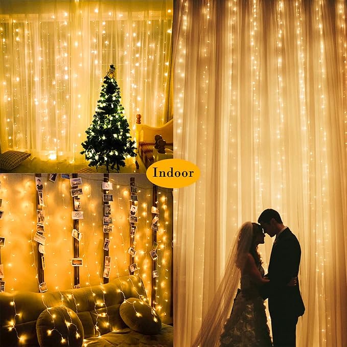 Upgraded Solar Curtain Lights Outdoor Garden Fairy String Lights 300 LED 8 Modes Remote Control Waterproof Waterfall Lights for Gazebo Patio Party Festival Wedding Christmas Decorations(Warm)