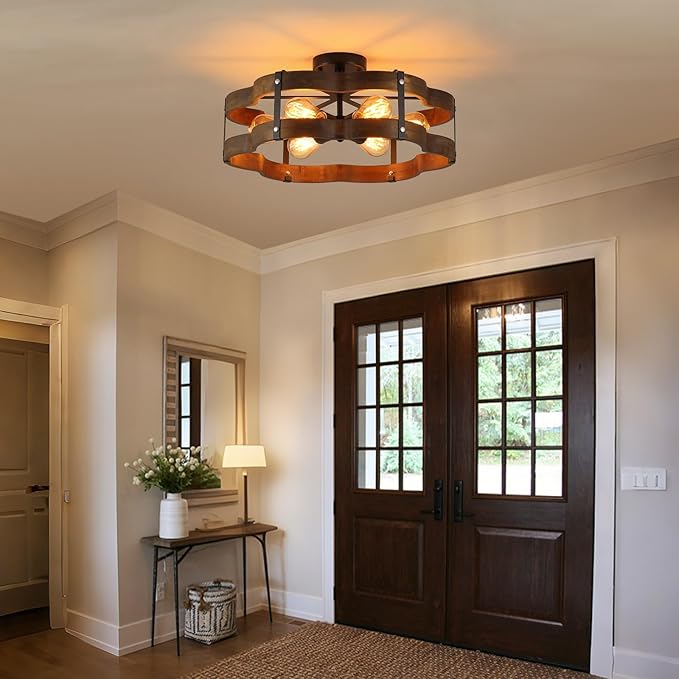6-Light Rustic Farmhouse Wood Flush Mount Ceiling Light Fixture 20 inch Oak Wood and Metal Cloud Cage Semi Flush Mount Ceiling Light for Hallway Entry Dining Farmhouse Bedroom Living Room, Black