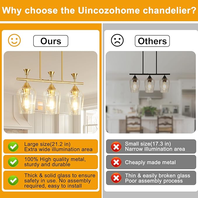 21.2" Dining Room Light Fixture/Chandelier Over Table, 3-Light Brushed Gold Kitchen Island Lighting with Clear Glass Shade, Modern Hanging Pendant Lights Fixture for Kitchen Island, Dining Room, Bar