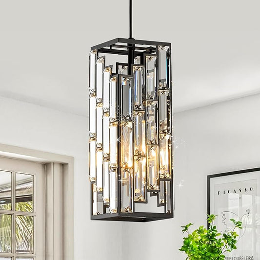 CATINER Black Crystal Pendant Light, Mini Hanging Light Fixture with Adjustable Cord, Modern Industrial Pendant Lighting for Kitchen Island, Dining Room, Bedroom, Hallway, E26 Base (1 Pack)