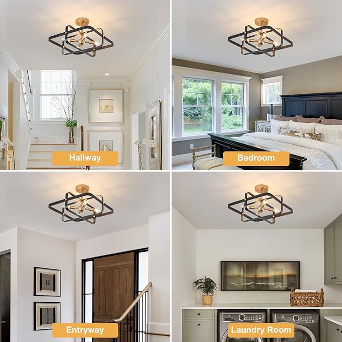 4-Lights Modern Semi Flush Mount Ceiling Light, Black and Gold Ceiling Light Fixture, Metal Industrial Geometric Chandelier Ceiling Lamp for Kitchen Bedroom Hallway Entryway Foyer Closet