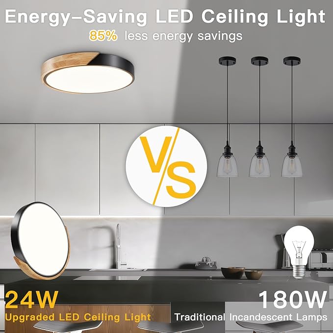 Modern Flush Mount Ceiling Light, Wood Ceiling Light Fixture, Natural White 4500K Not Dimmable, Minimalist Ceiling Lamp with Acrylic Lampshade for Bedroom, Living Room, Hallway(Black, 11.8")