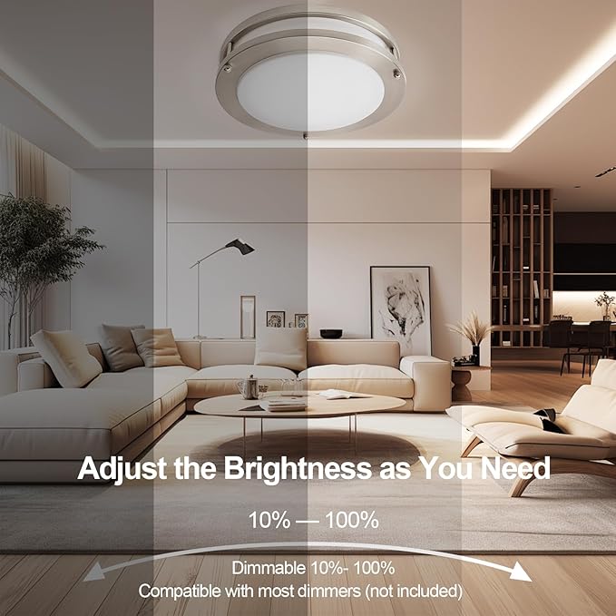 OOWOLF 4-Pack 10 Inch 24W LED Ceiling Lights, 5000K Brightness Adjustable Flush Mount Ceiling Light, Super Bright Brushed Nickel Lighting Lamp Fixture for Bedroom Bathroom Dining, Daylight White