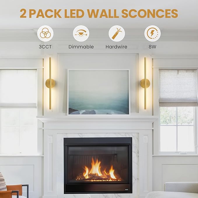Lightania Wall Sconces Set of Two, 24'' Modern Gold LED Wall Lights, 360° Rotatable, 2700K-5000K Adjustable, Hardwired 3CCT Dimmable Wall Sconce Light Fixture for Living Room Bedroom Hallway, ETL