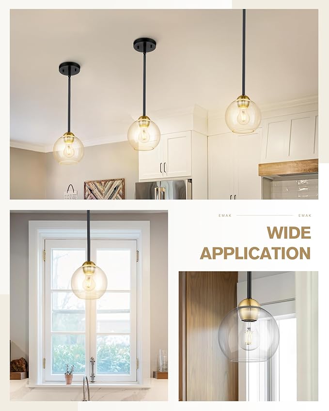 Emak Black and Gold Pendant Light, 7 Inch Globe Glass Pendant Lights Kitchen Island, Modern Hanging Lights for Kitchen, Bathroom, Dining Room, Bar, PL119-BKBGD