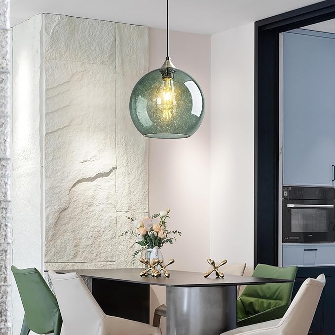 Mikeru Glass Globe Pendant Light Single, 7.87 Inch Gray Green Bubble Glass Hanging Lamp, Mid Century Modern Pendant Lighting for Kitchen Island Dining Room Bedroom (Bulb Not Included)