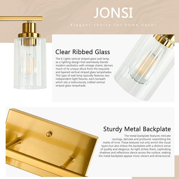 Jonsi Brushed Gold Bathroom Light Fixtures, 6-Light Brushed Gold Vanity Light, Bathroom Vanity Light with Stripe Glass Shade, E26 Wall Sconces Over Mirror for Bathroom, Living Room, Hallway