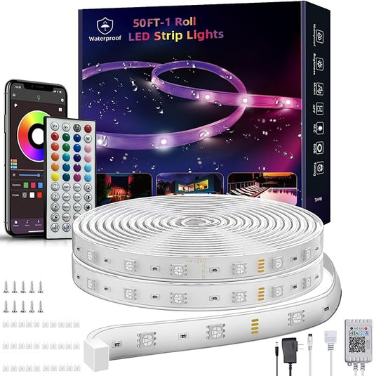 Ledagic Outdoor Led Strip Lights Waterproof 50ft (1 Roll), Ip65 Outside Led Light Strip Waterproof with Remote and App Control, Exterior Led Rope Lights Music Syne RGB Strip Lights for Bedroom Decor
