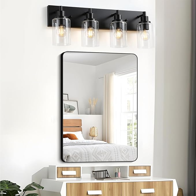LOUSACE 4 Light Bathroom Vanity Light, Matte Black Bathroom Lighting Fixtures with Clear Glass Shade, Modern Vanity Wall Sconces over Mirror, Farmhouse Black Bath Light Fixture for Bedroom Living Room
