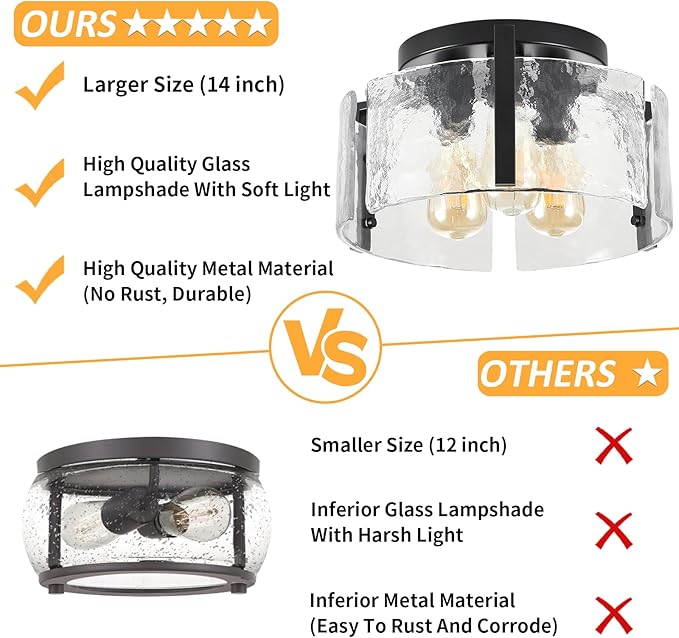 Black Semi Flush Mount Ceiling Light Fixture, 14-Inch Glass Drum Flush Mount Light Farmhouse Modern Lights Kitchen Lighting Fixtures for Foyer Entryway Hallway Laundry Room Bedroom Bathroom