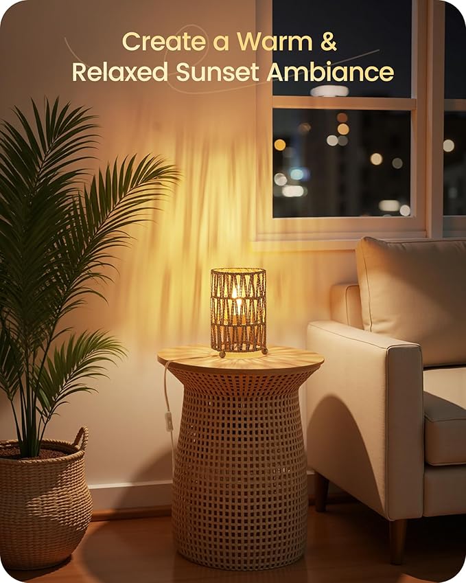 Small Rattan Table Lamps Set of 2, Boho Bedside Lamps Plug in, Handwoven Paper Rattan Lampshade, 2400K LED Bulb Included, Desk Lamp, Nightstand Lamp for Bedroom, Living Room, Mesh H11TLP205