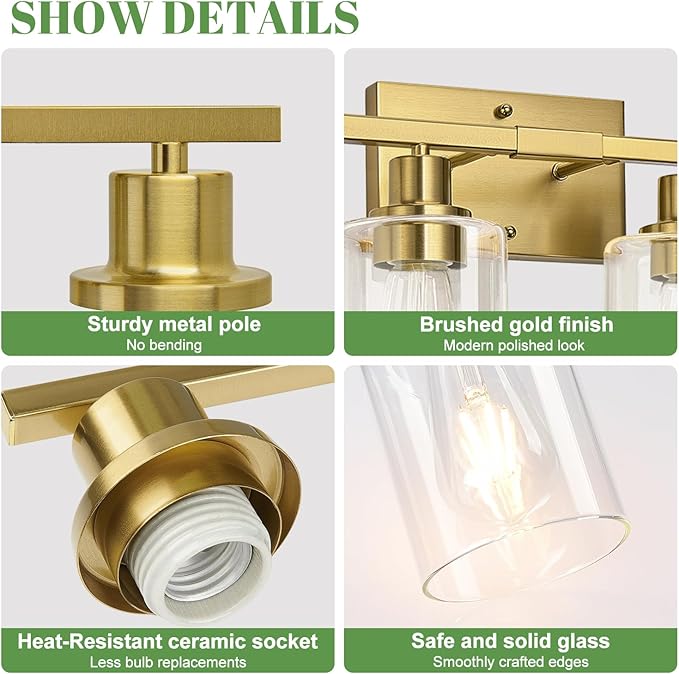 MOKATNG 4-Light Bathroom Light Fixtures, Vanity Light with Clear Glass Shades, Brushed Gold Bathroom Light Fixtures Over Mirror, Modern Bathroom Wall Lamp for Mirror Living Room Cabinet Bedroom