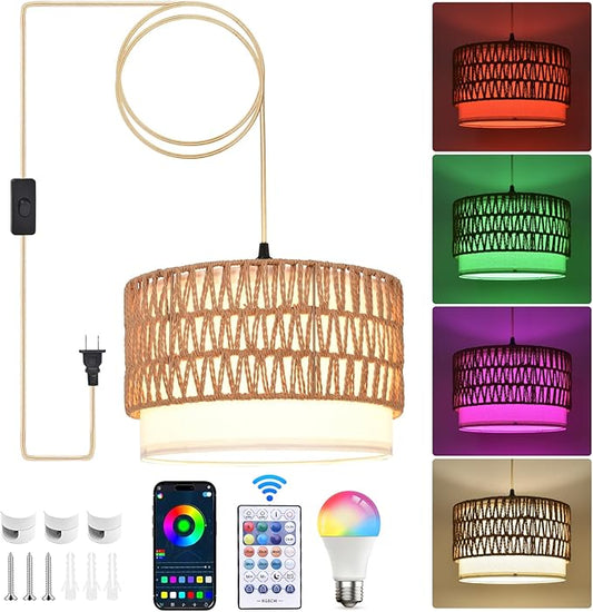 ZSLAIFU Hanging Lamp Plug in Pendant Light, 15FT Hanging Lights with Plug in Cord, Hanging Light with Smart RGBCCT Bulb and Remote, Hanging Lamps for Bedroom, Living Room, Kitchen, Farmhouse
