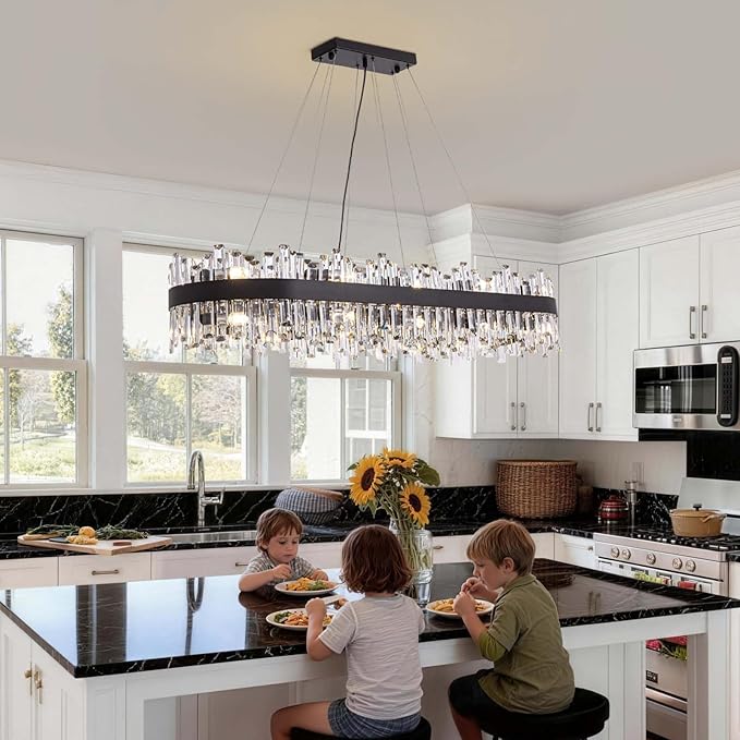 Siljoy Rectangle Black Crystal Chandelier, 20-Light Modern Rectangular K9 Crystal Raindrop Chandelier, Luxury Dimmable Crystal Ceiling Light for Living Dining Room Kitchen Entryway Foyer L52''