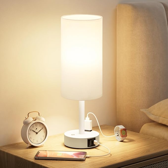 Touch Bedside Table Lamp with Memory - Stepless Dimmable Lamp for Bedroom, Small Nightstand Lamp with Dual USB Charging Ports and AC Outlet, Wood Night Light, Deak Lamp for Nursery (White & White)