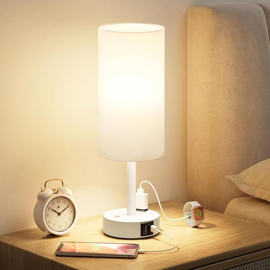 Touch Bedside Table Lamp with Memory - Stepless Dimmable Lamp for Bedroom, Small Nightstand Lamp with Dual USB Charging Ports and AC Outlet, Wood Night Light, Deak Lamp for Nursery (White & White)