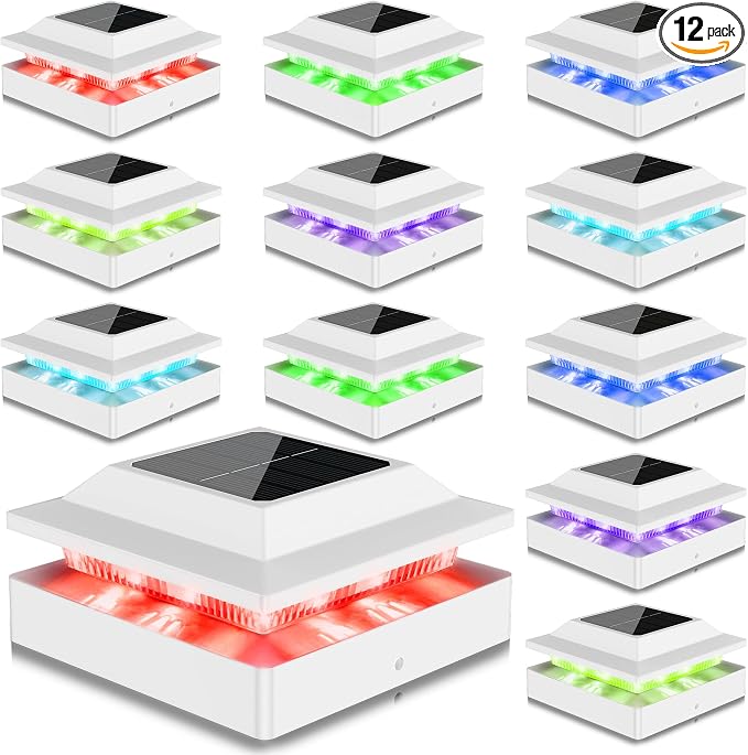 12 Pack Solar Post Cap Lights RGB Color Changing, IP65 Waterproof for 4x4 Wood/Vinyl Posts, Auto On/Off Fence Posts Solars Light for Deck Patio Garden Decoration, White