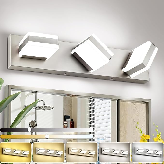 SOLFART Bathroom Light, 5 Color Temperature LED Bathroom Vanity Fixtures, Brushed Nickel 3 Lights Vanity Light Over Mirror Modern LED Light Adjustable Color 5CCT
