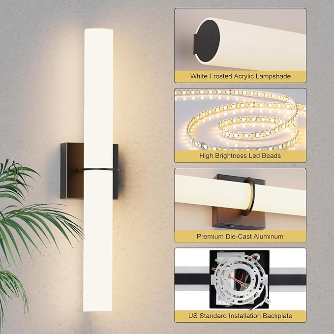 24 Inch 30W Led Bathroom Vanity Light,3000K-6000K Dimmable Vanity Lighting Fixtures with White Acrylic Lampshade,Indoor Hardwired Wall Light Over Mirror for Mirror Restroom(Black,1 Pack)