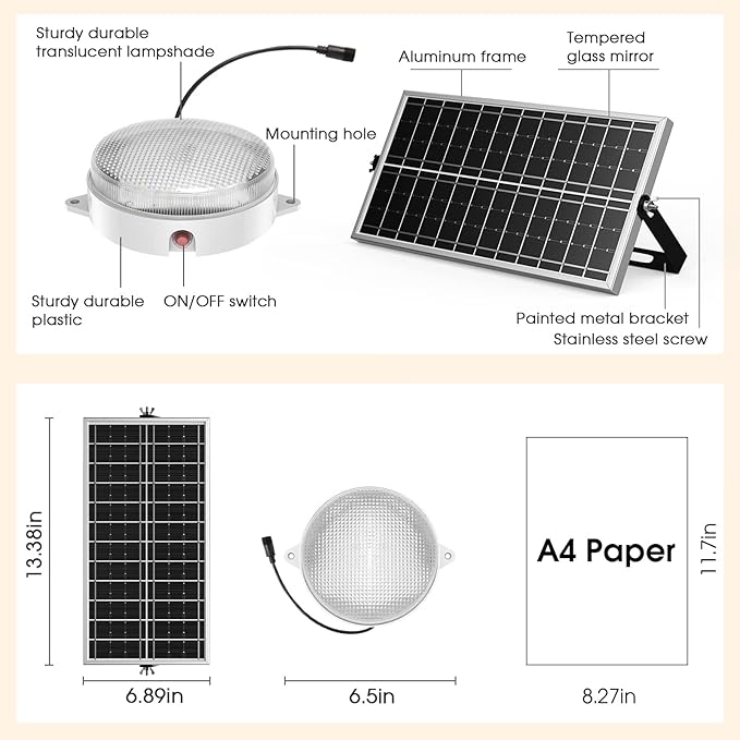 Solar Ceiling Lights 2 Pack, Daytime & Night 3200K/4000K/6000K Dimmable Shed Lights with On/Off Switch & Remote, 120LED*2 Solar Lights Outdoor & Indoor for Home Barn Shop Carpot Chicken Coop