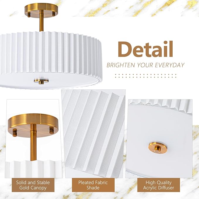 Bargeni 16.5 Inch Semi Flush Mount Ceiling Light Fixture,Gold Finish with Pleated Fabric Shade,3-Light Flush Mount Ceiling Light,Modern Light Fixtures Ceiling Mount for Bedroom,Hallway,Nursery Room