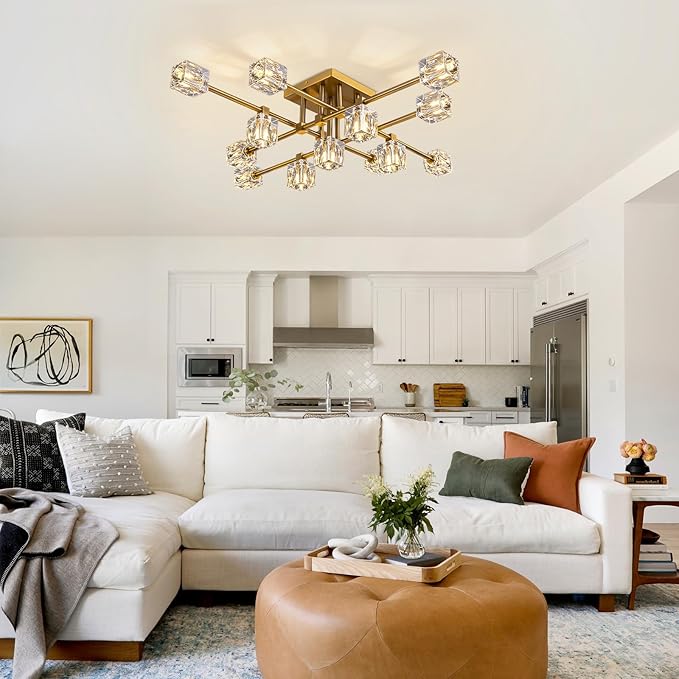 Modern Ceiling Light Fixture with 13-Lights,Gold Semi Flush Mount Ceiling Light,Crystal Sputnik Chandeleirs,Modern Ceiling Lights for Living Room,Dining Room,Kitchen Island,Bedroom