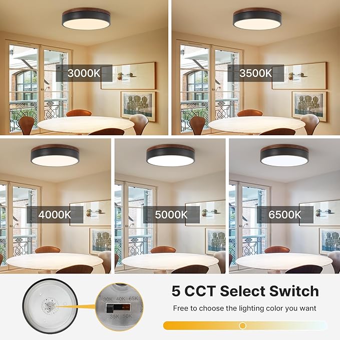 Led Flush Mount Ceiling Light: 11.8" Modern Dimmable Black Walnut Wood Low Profile Farmhouse Close to Ceiling Light Fixture - Round Minimalist Simple Flat Overhead Lighting for Bedroom Laundry Kitchen