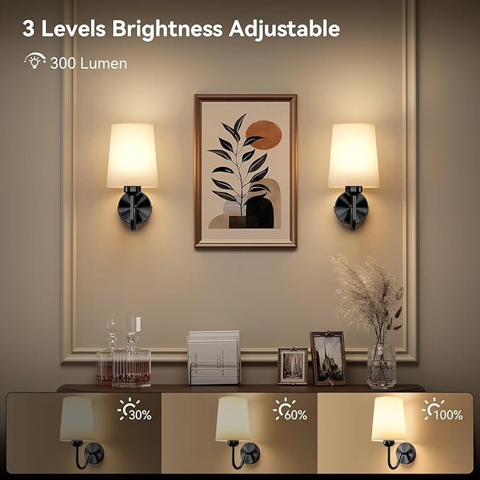Ouyulong Battery Operated Wall Sconces Set of 2 Wireless Rechargeable Dimmable Wall Light with RGB Bulb and Remote for Bedroom, Living Room, Hallway (Black)