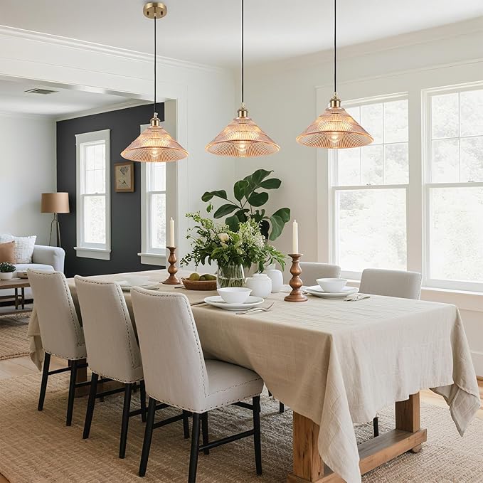 Modern Kitchen Island Pendant Light 11.81 Inches Amber Striped Glass Shades Brushed Brass Gold Large Hanging Lamp Dining Room Farmhouse Adjustable Ceiling Hanging Light Fixture Bedroom Hallway