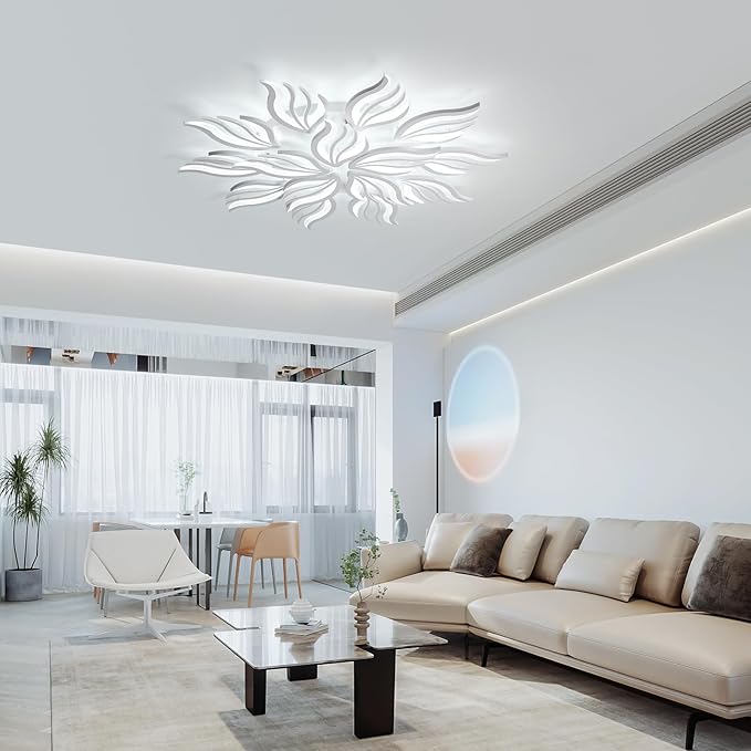 Becailyer Modern Flower Ceiling Lights, 45.2" Flush Mount Ceiling Lamp, 15-Petals Dimmable Acrylic Ceiling Lighting, 126W Close to Ceiling Fixture for Living Room Bedroom Dining Room Kitchen, White