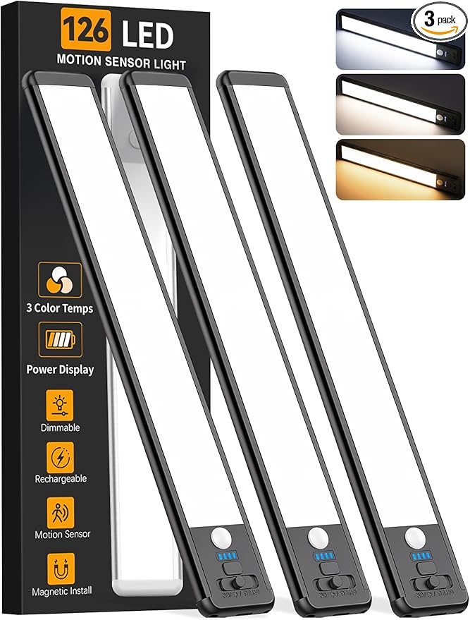 Under Cabinet Lighting Wireless, 15inch Rechargeable Motion Sensor Light Indoor, 3 Color Closet Light Battery Operated with LED Power Display, Magnetic Under Counter Lights for Kitchen (3Pack-Black)