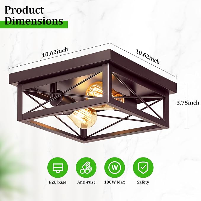 Brown Hallway Light Fixtures Ceiling, 2-Light Farmhouse Industrial Flush Mount Ceiling Lights, 2-Pack Modern Metal Kitchen Light Fixtures, Close to Ceiling Lights for Bedroom Living Room Entryway