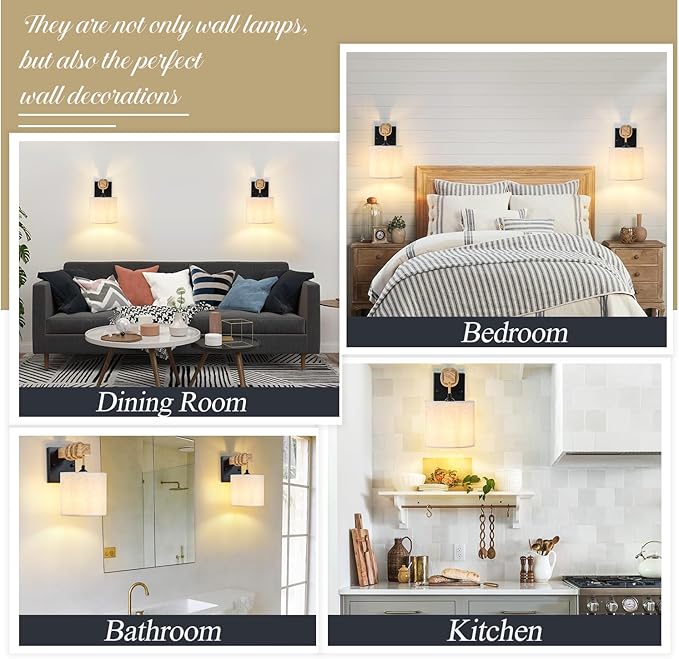 Boho Wall Sconces Set of Two, Hardwired Farmhouse Fabric Wall Lamps with Wooden Arm & On/Off Dimmable Switch,Rustic Indoor Wall Mount Light Fixtures for Bedroom Nursery Living Room Bathroom