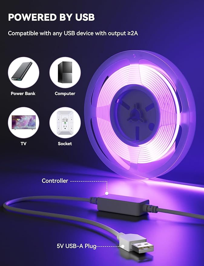 MIWISE 5V USB RGB COB LED Strip Light,9.84ft/3m Tape Lights,RF & App Control,Music Sync,Ultra Bright Color Changing Lighting,UL-Listed,Cuttable & Flexible for Bedroom,Kitchen,Desk,Party,Home Decor