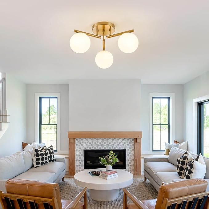 3 Light Brass Sputnik Ceiling Light Fixture, Globe Semi Flush Mount Ceiling Light, Brass Gold 21.65 '' Milky Glass Globe Mid Century Modern Light for Bedroom Hallway Living Room