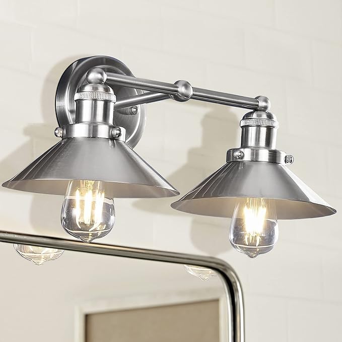 JONATHAN Y 17.5" Nickel 2-Light Industrial Farmhouse Metal Vanity Light Wall Sconce, Metal Shade for Bathroom Mirror, Kitchen, Entryway, LED Bulb Included (JYL7427B)