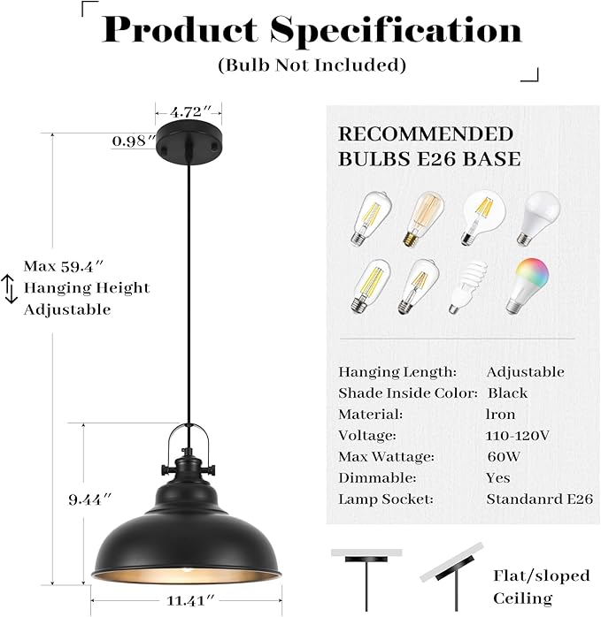Black Pendant Lights Kitchen Island, 11.4 Inch Dome Pendant Light, Farmhouse Pendant Light, Island Pendant Light for Kitchen Island, Dining Room, Living Room (3 Pack)