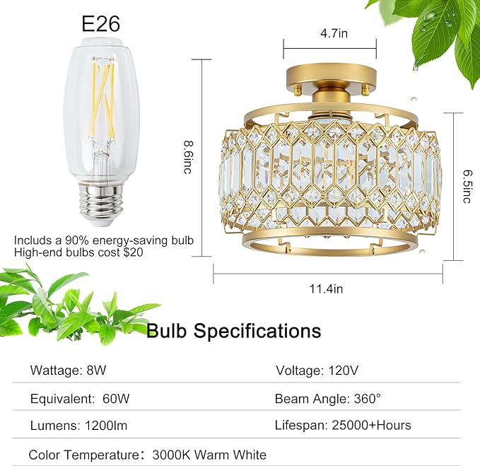 Modern Gold Crystal Flush Mount Ceiling Light with LED Bulb (50% Brighter) – 11.4" Dimmable Chandelier for Dining Room, Bedroom – Reinforced Iron Frame & K9 Crystals – Easy Install