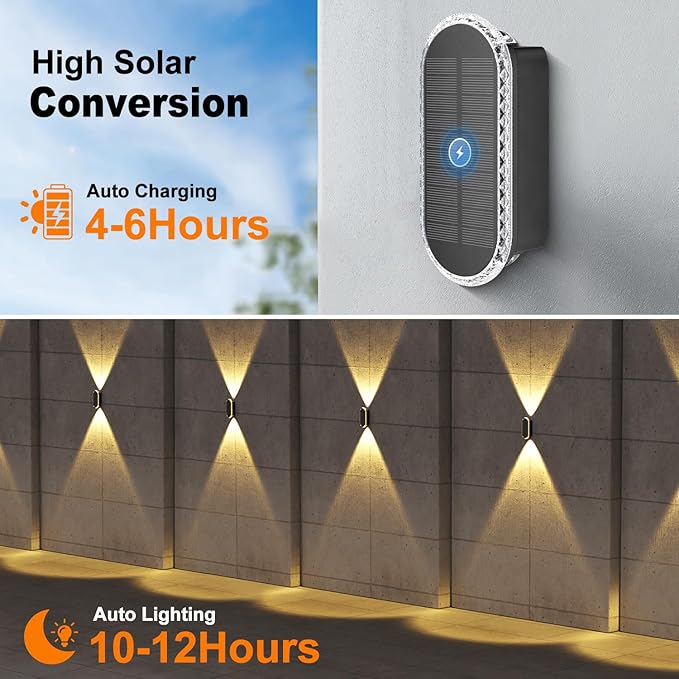 Ellasay 8 Pack Fence Lights Solar Powered: Up and Down Focus LED Solar Wall Lights Outdoor - IP67 Waterproof Solar Lights for Outside Backyard/Porch/Railing - 3 Color Modes