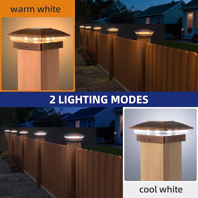 APONUO 12 Pack Solar Fence Post Lights, 2 Modes(Warm/Cool Light) Outdoor Waterproof 4x4 Post Solar Lights, Solar Powered Garden, Patio, Deck Decor for 4x4 Wood & Vinyl Posts, Brushed Copper