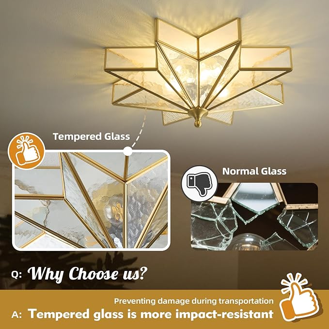 Star Brass Vintage Ceiling Light - 19.7 Inch Large Hammered Glass Antique Brushed Gold Flush Mount Fixture, Mid Century Art Deco Overhead Lighting for Kitchen Hallway Bedroom Bathroom Laundry Entryway