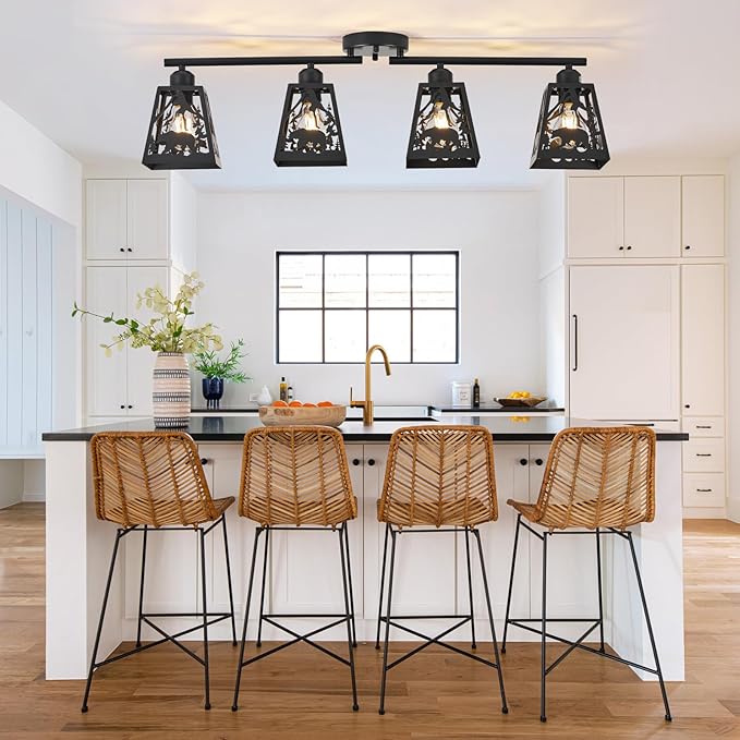Rustic Flush Mount Ceiling Light - 4-Light Metal Fixture with Bear Design, Farmhouse Ceiling Lamp for Kitchen, Living Room, Bedroom, Dining Room, Entryway, Hallway (Bulbs not Included)