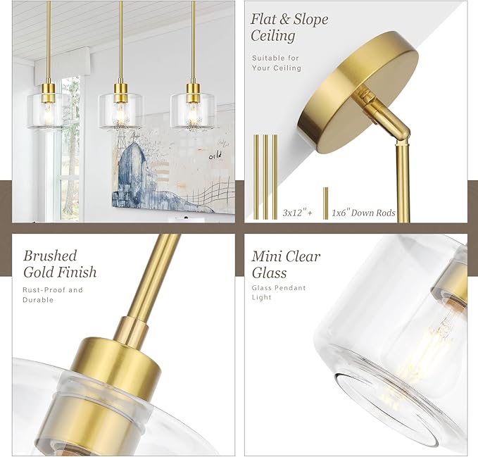 Brushed Gold Pendant Lights Kitchen Island, 1-Light Modern Clear Glass Hanging Light Fixtures with Rods, Mini Kitchen Pendant Lighting Over Island for Sink Bathroom, OS-YQ8153-1PBGC