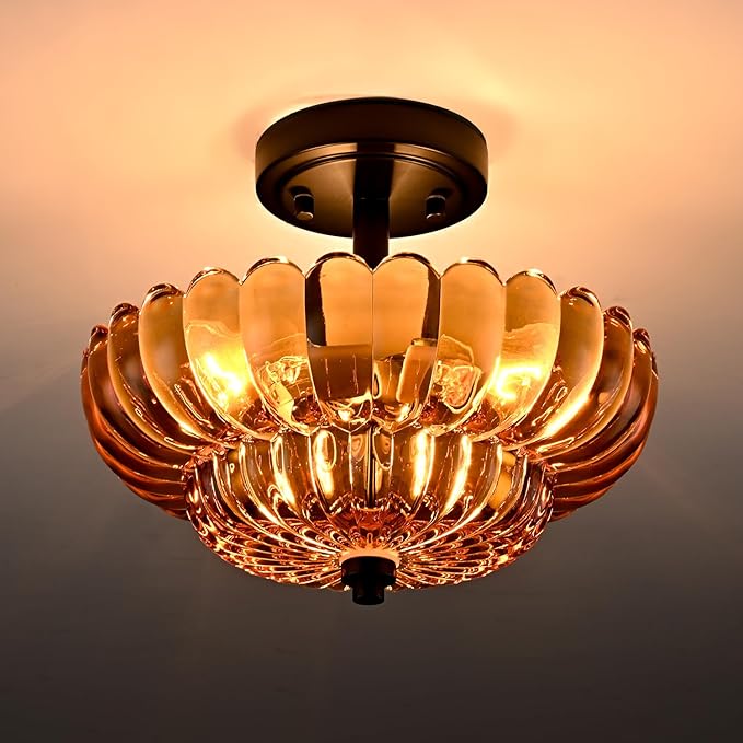 Semi Flush Mount Ceiling Light Fixture, Amber Glass 3-Light Modern Vintage Ceiling Lights, Scalloped Close to Ceiling Light, Black Base Flush Mount Ceiling Light for Hallway Bedroom Entryway Kitchen