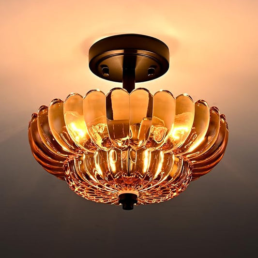 Semi Flush Mount Ceiling Light Fixture, Amber Glass 3-Light Modern Vintage Ceiling Lights, Scalloped Close to Ceiling Light, Black Base Flush Mount Ceiling Light for Hallway Bedroom Entryway Kitchen