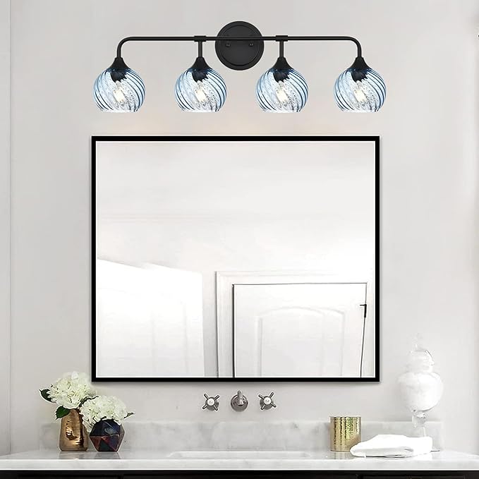 MELUCEE Bathroom Light Fixtures Black Vanity Light with Blue Striped Swirl Glass Shade, 4 Light Modern Wall Light Fixtures for Mirror Kitchen Living Room Bedroom Hallway