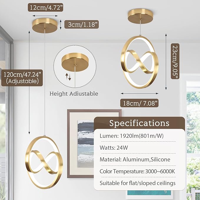 3000~6000K Modern Pendant Light Fixtures, LED Pendant Lights Kitchen Island Lighting Adjustable Height Gold Hanging Lights for Dining Room Kitchen Bedroom, 1Pack