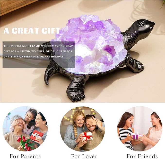 Runyangshi Natural Amethyst Turtle Night Lamp Healing Crystal Bedroom Bedside Table Lamp USB Port Home Decor Women Men Gift