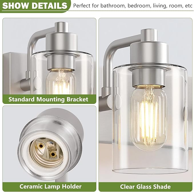 Dpyrrhic Brushed Nickel Bathroom Light Fixtures, Wall Mounted 3-Light Bathroom Lights Over Mirror with Clear Glass Shade,Wall Sconces for Kitchen Living Room Bedroom