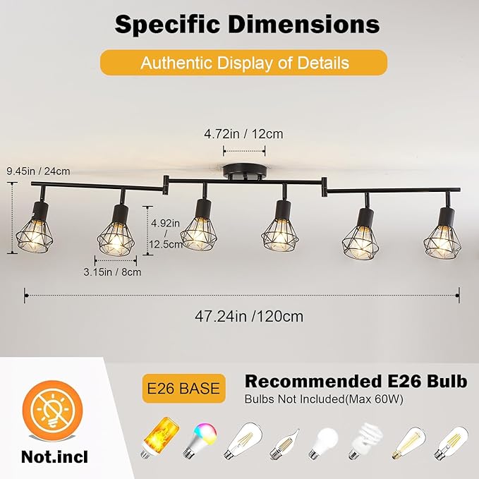 6-Light Black Track Lighting Fixtures Ceiling Modern Farmhouse Track Lighting with Metal Cage E26 Base Kitchen Lights Fixture Flush Mount Ceiling Light Fixture for Dining Room(Bulbs Not Included)